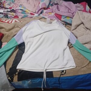 No Boundaries White Top with Purple and Green Sleeves